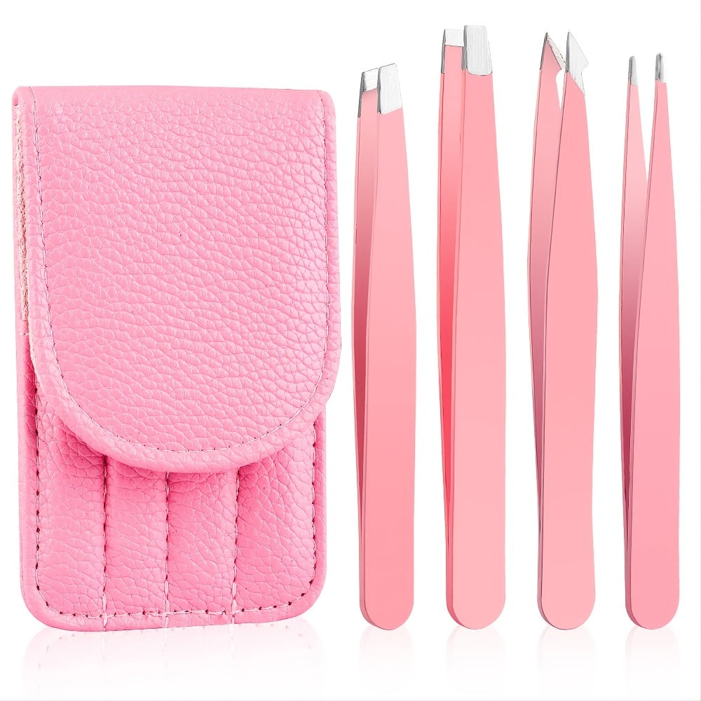4pcs Stainless Steel Tweezers Set with Travel Case for Hair Removal