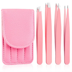 4pcs Stainless Steel Tweezers Set with Travel Case for Hair Removal