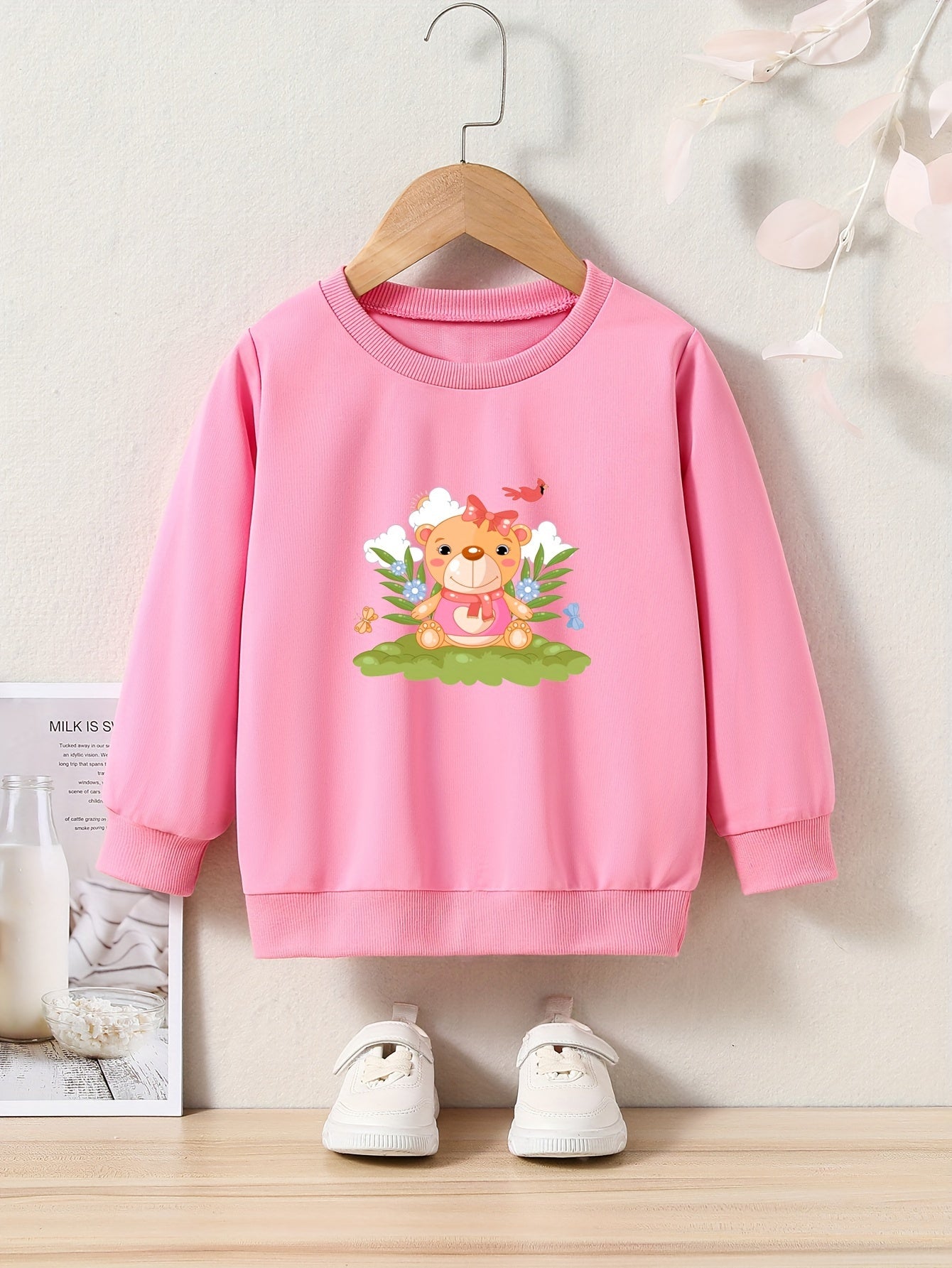 Bear Doll Print Girls Pullover Sweatshirt Long Sleeve Crew Neck Tops