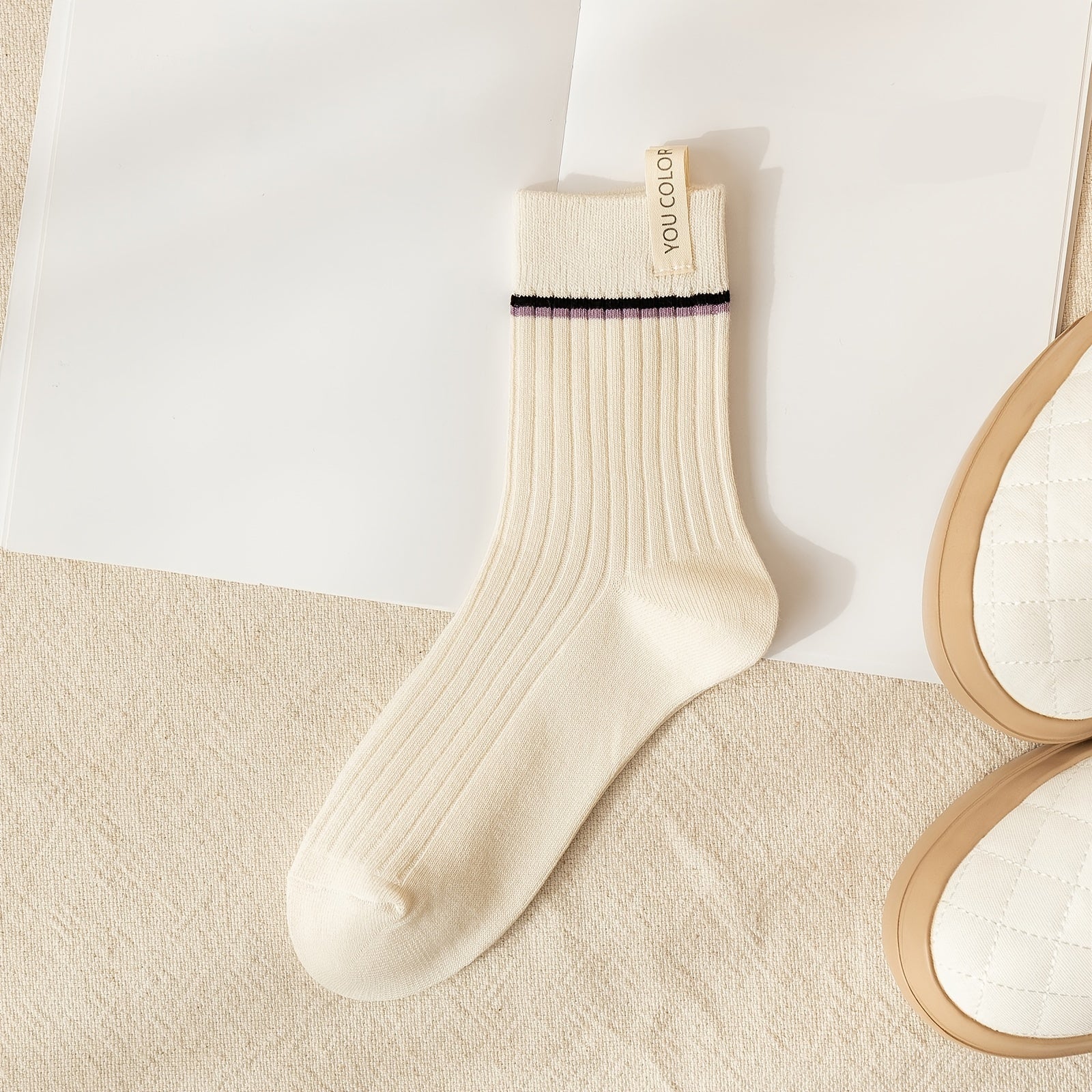 Ribbed Mid Tube Socks Striped Trim Women's Casual Comfy All Match