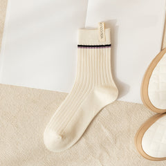 Ribbed Mid Tube Socks Striped Trim Women's Casual Comfy All Match