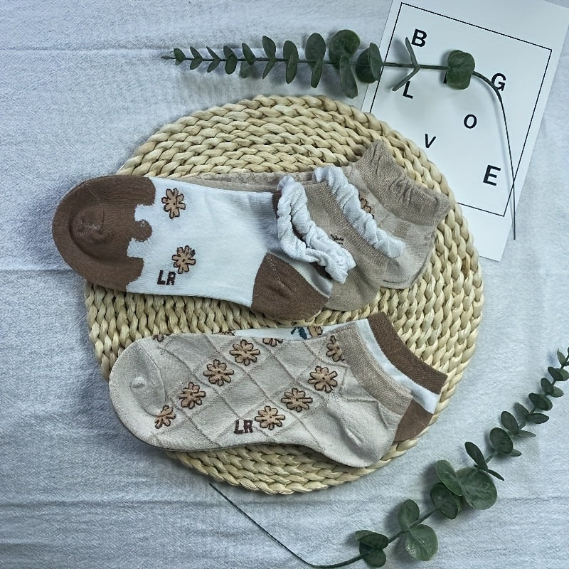 5 Pairs Floral Print Ruffle Socks Low Cut Ankle Stockings Lightweight