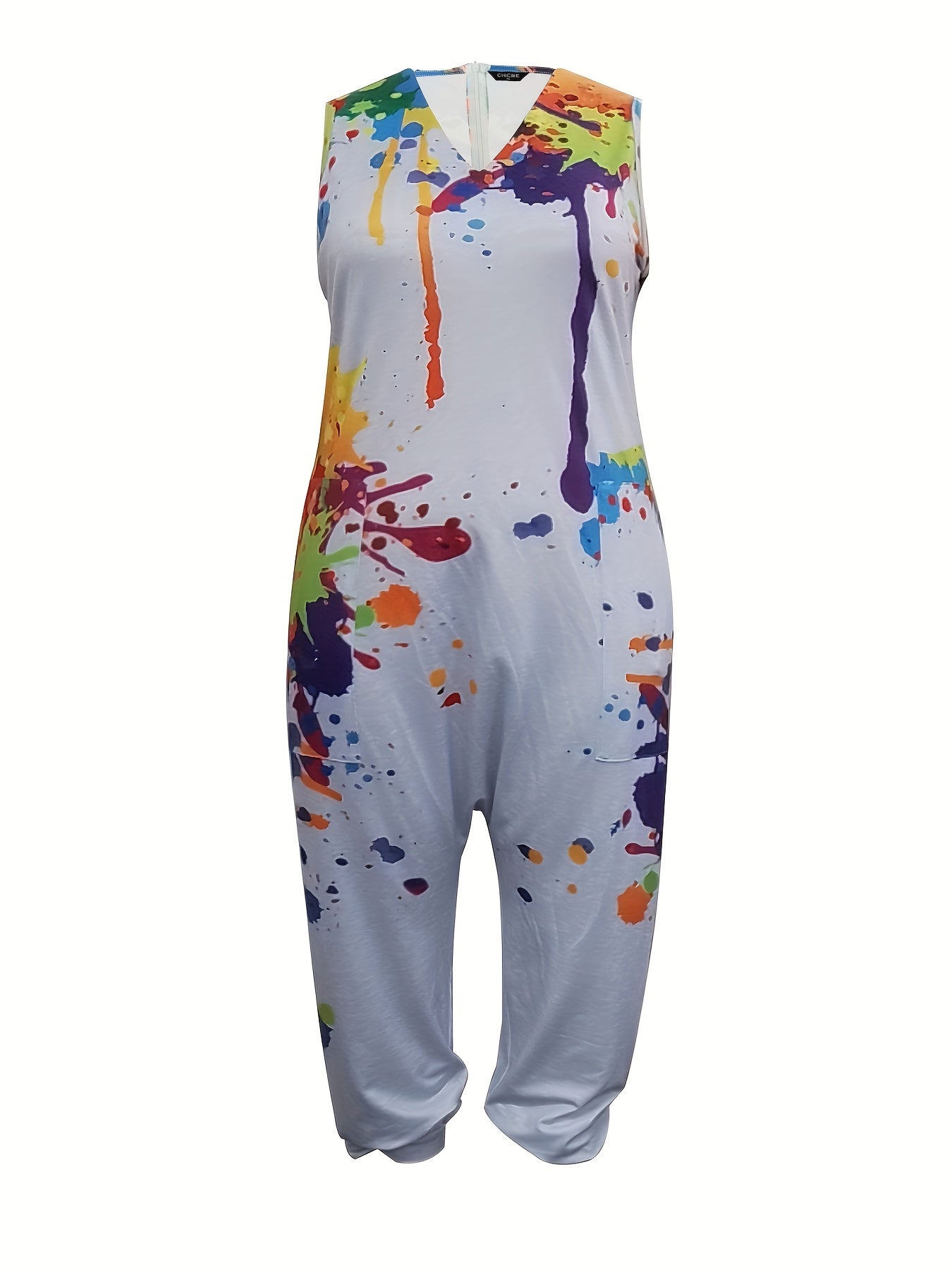  Splatter Print V Neck Tank Jumpsuit With Pockets