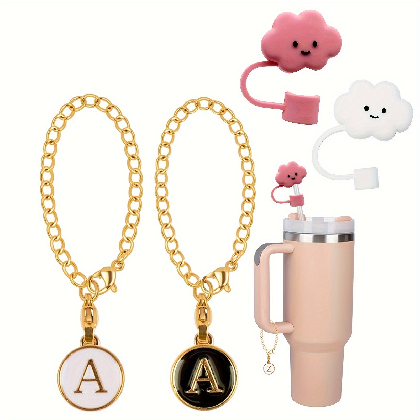 2pcs Round Letter Pendant for Cup Handle + 2pcs Dustproof Straw Covers