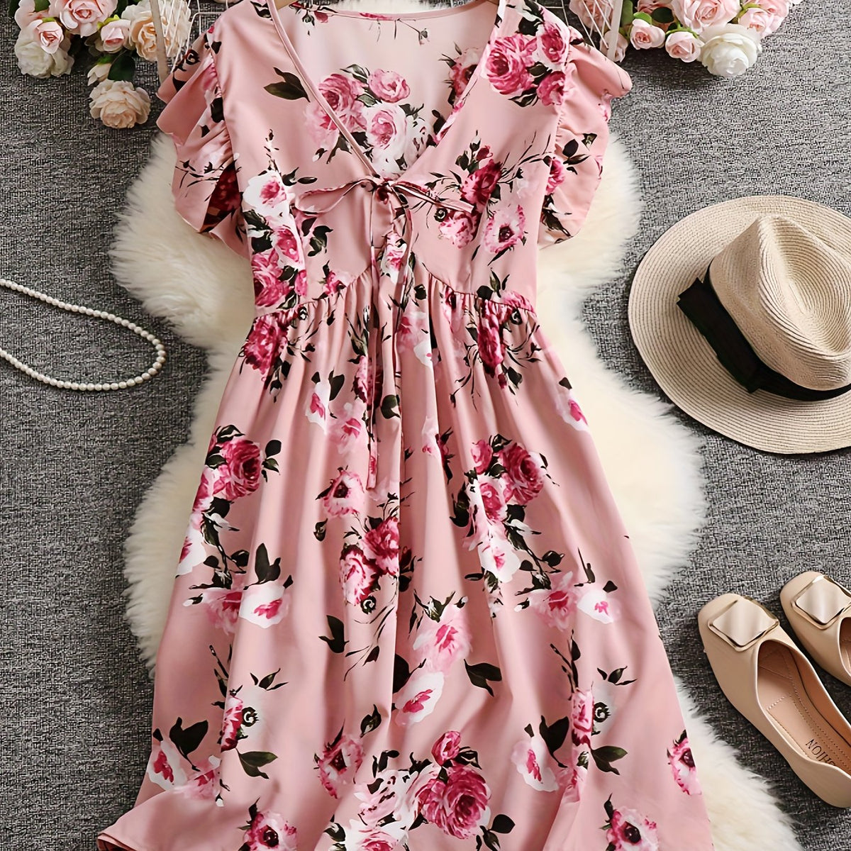  Women's Floral Ruffle Sleeve Dress