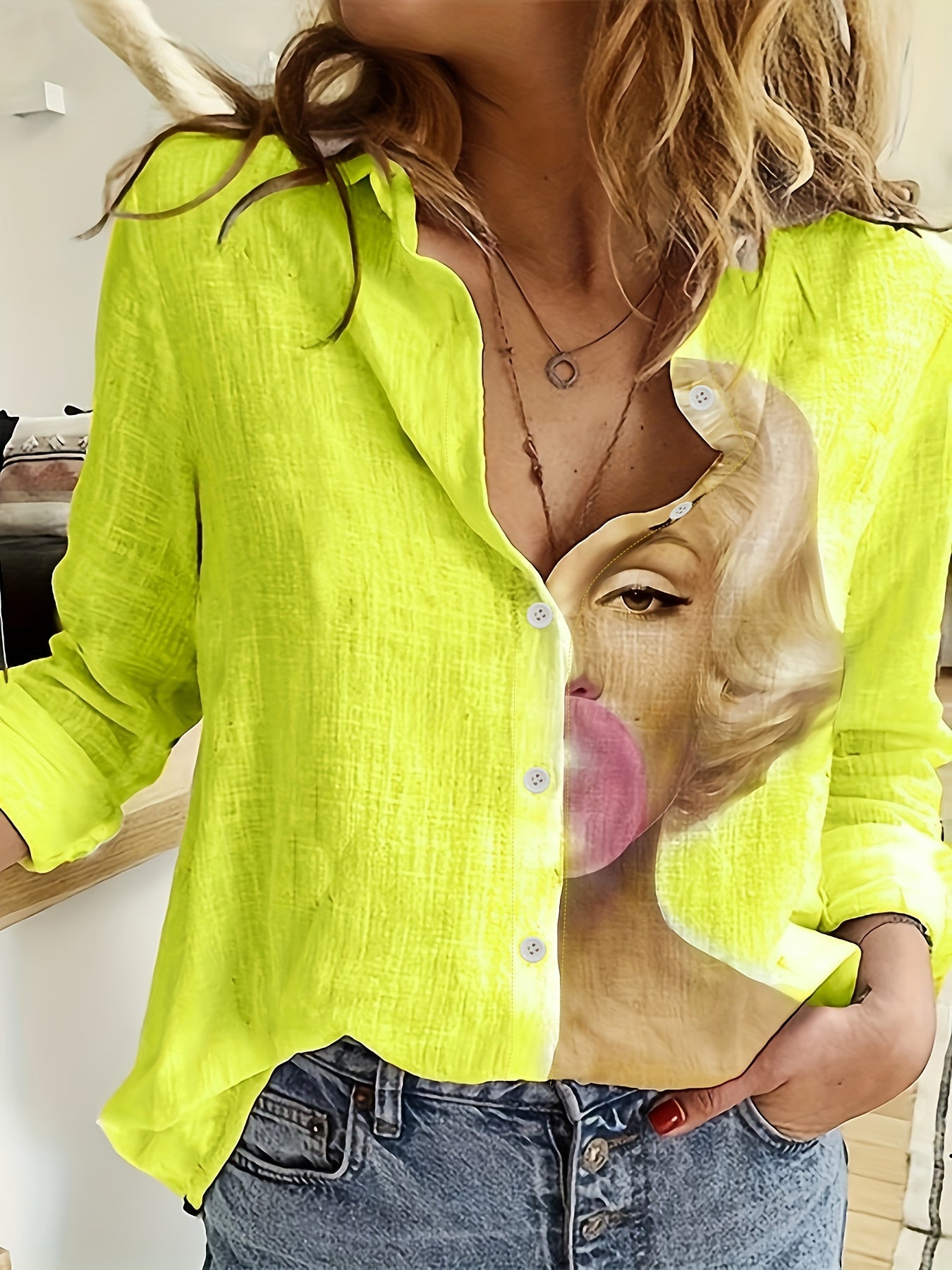  Colorblock Figure Print Button Up Blouse