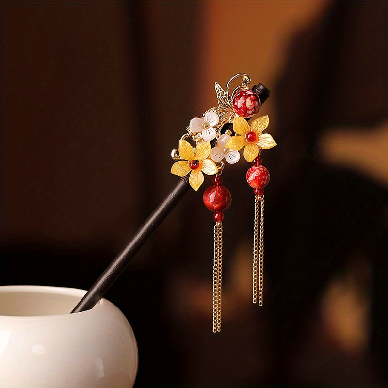 Vintage Flower Hairpin Tassel Faux Pearl Rhinestone Hair Stick