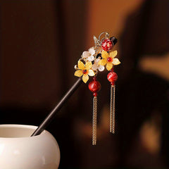 Vintage Flower Hairpin Tassel Faux Pearl Rhinestone Hair Stick