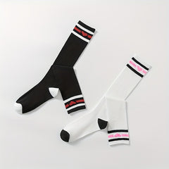 Heart Print Striped Calf Socks Sports Knee High Women's Stockings