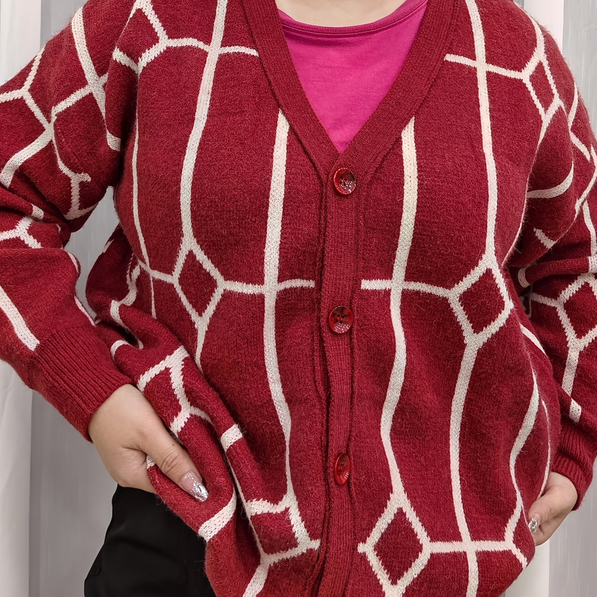  Geo Pattern Long Sleeve Knitted Cardigan