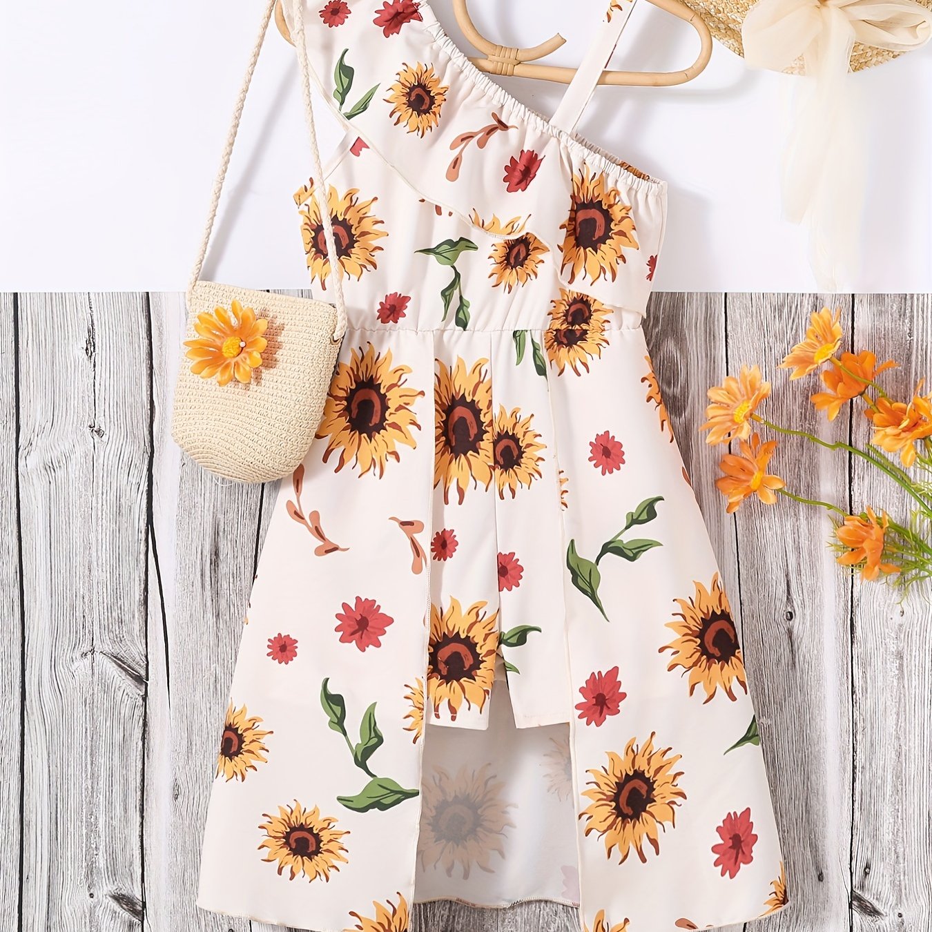 Girls Sunflower Print Jumpsuit Off Shoulder Ruffle High Low Romper Summer