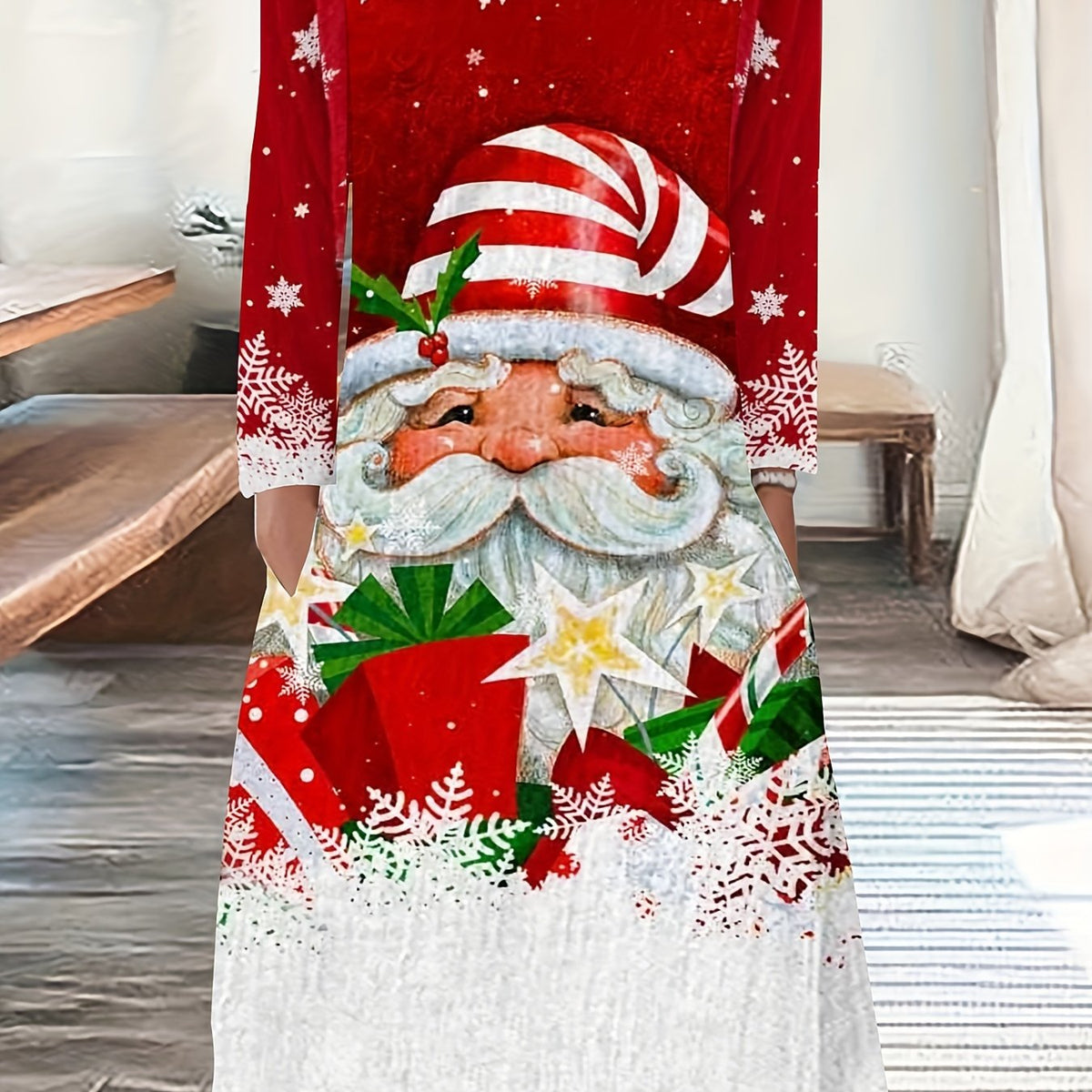 Women's Plus Santa Claus Print Long Sleeve Knee Length Dress