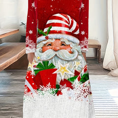 Women's Plus Santa Claus Print Long Sleeve Knee Length Dress