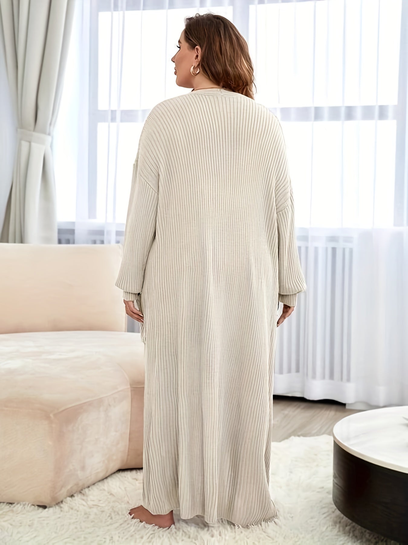  Ribbed Sleeve Open Front Maxi Cardigan