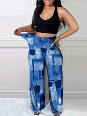  Casual Denim Print High Rise Wide Leg Pants