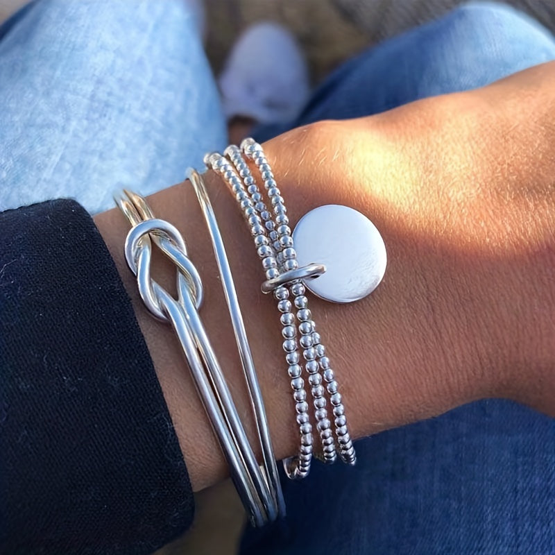 3pcs Set Silver Knotted Beaded Multilayer Bracelet Two Bangles One Bracelet