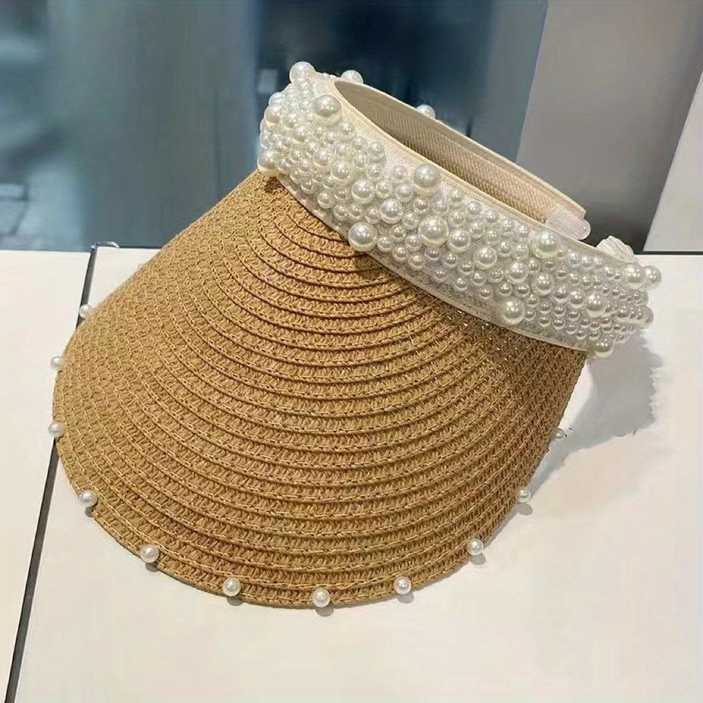 Straw Ponytail Sun Hat with Faux Pearl Decor