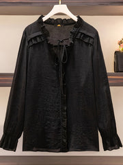  Casual Blouse Solid Ruffle V Neck Top