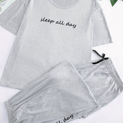  Letter Print Pajama Set Short Sleeve Top & Bow Knot Pants