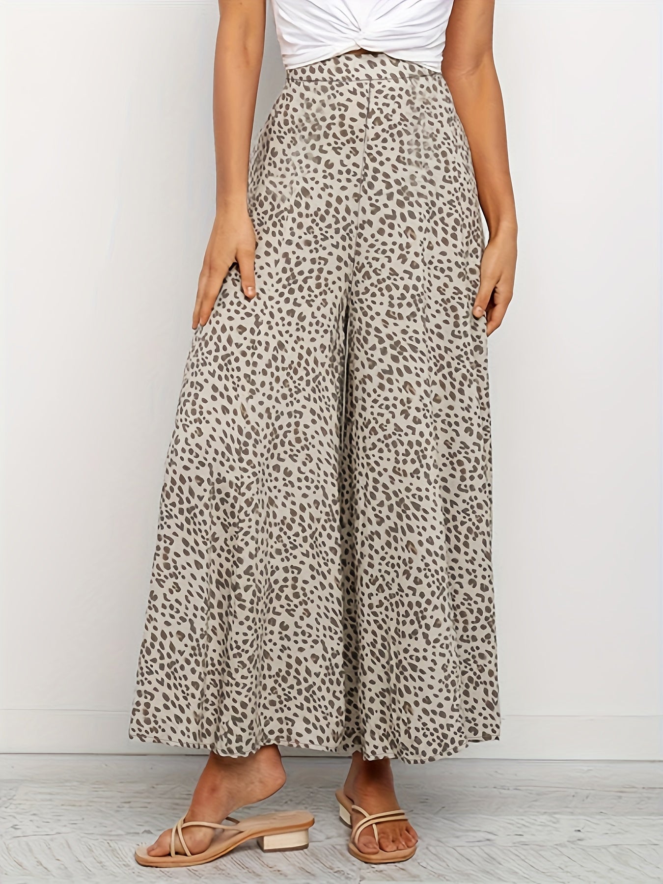  Retro Leopard Print Wide Leg Trousers