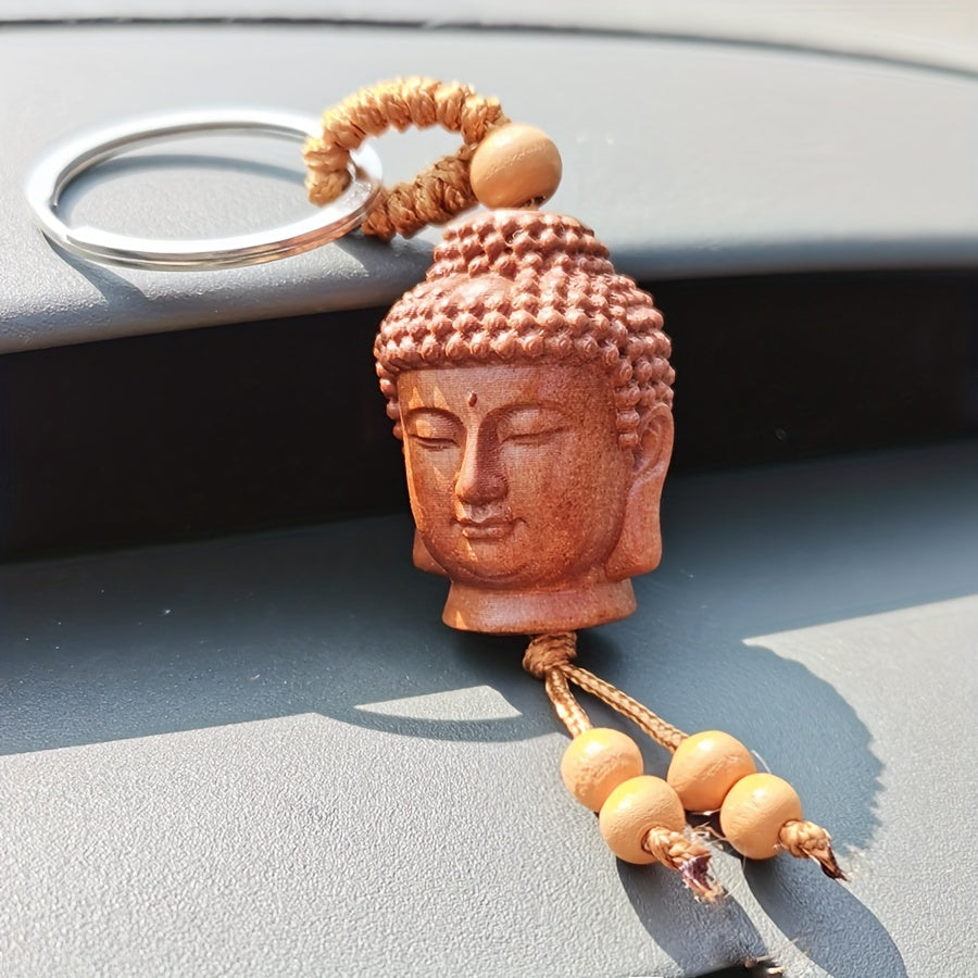 Peach Wood Buddha Head Key Chain Handicraft Carving Wooden Car Pendant