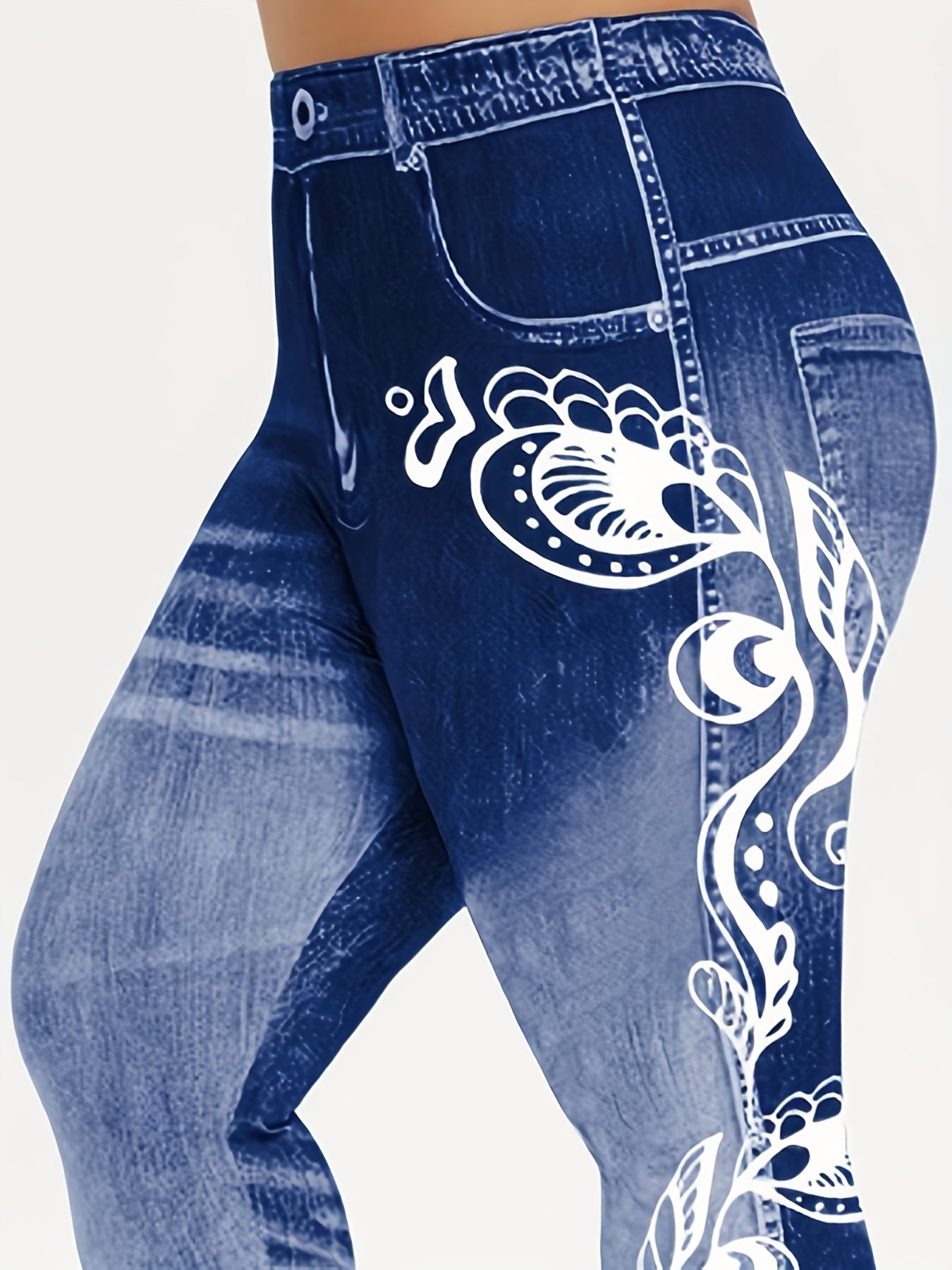  Floral & Denim Print Skinny Leggings