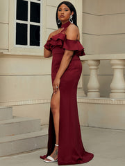  Contrast Mesh Off Shoulder Ruffle Trim Maxi Dress