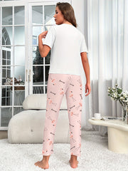 Flamingo Print Pajama Set Short Sleeve Top & Lounge Pants