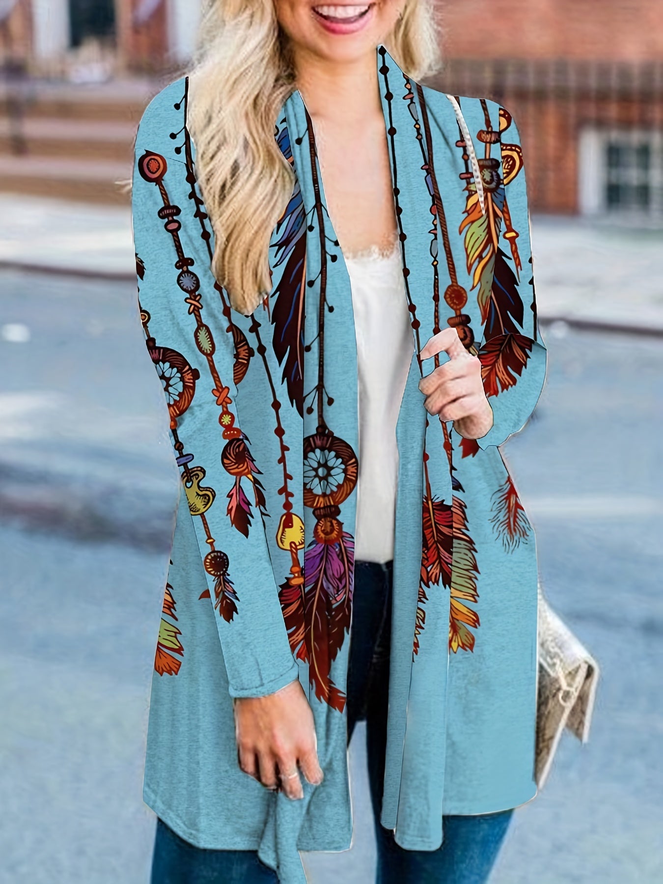 Boho Feather Print Plus Size Cardigan