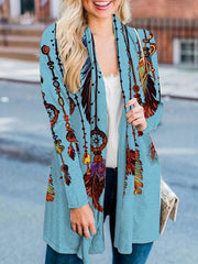 Boho Feather Print Plus Size Cardigan