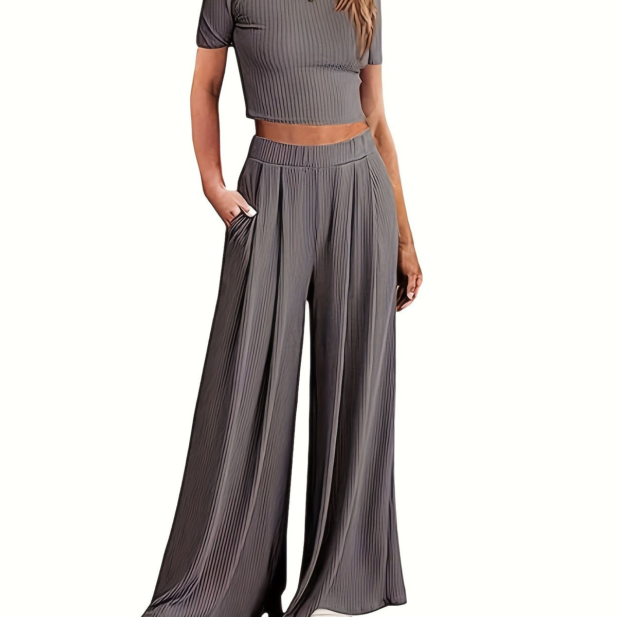 Solid Ribbed Two piece Set Short Sleeve Crop T shirt & Pocket Wide Leg Pants