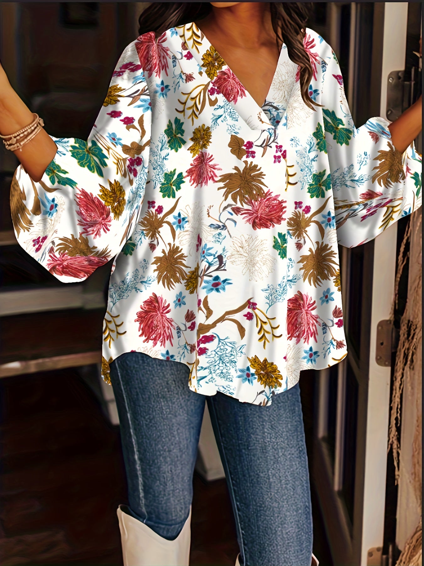 Plus Floral Print Lantern Sleeve V Neck Tunic Top