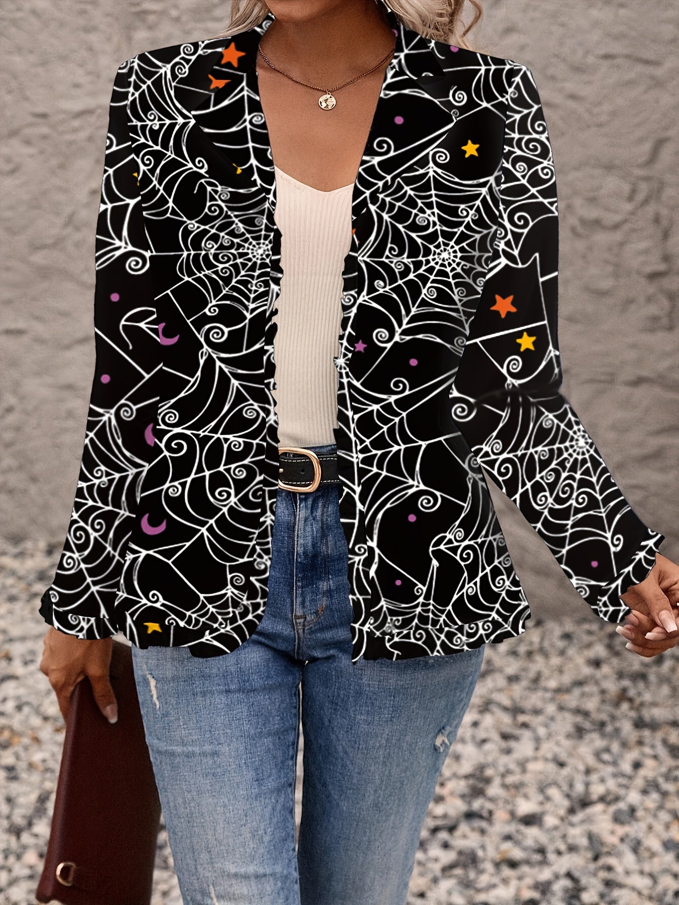  Web Print Long Sleeve Open Front Cardigan