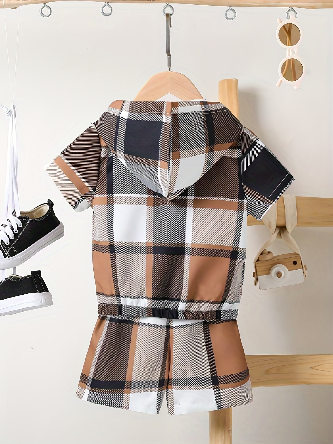 Boys Hooded Plaid T Shirt & Sport Shorts Set for Summer