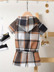 Boys Hooded Plaid T Shirt & Sport Shorts Set for Summer