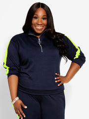  Colorblock Half Zipper Top & Sweatpants Set Women's Plus Sports Outfit