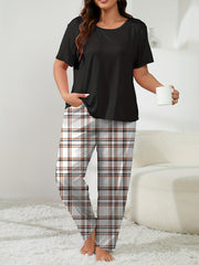  Casual Loungewear Set Solid Tee & Plaid Pants Pajama Set