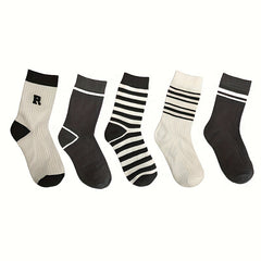 5 Pairs Letter Print Striped Socks Crew Sports Women's Stockings