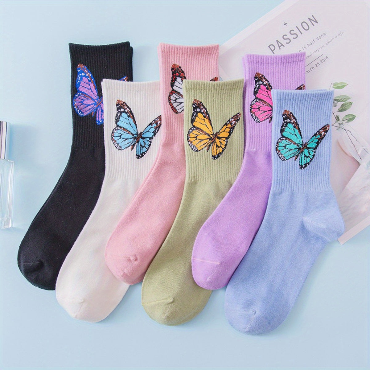 6 Pairs Butterfly Print Mid Tube Socks for Women
