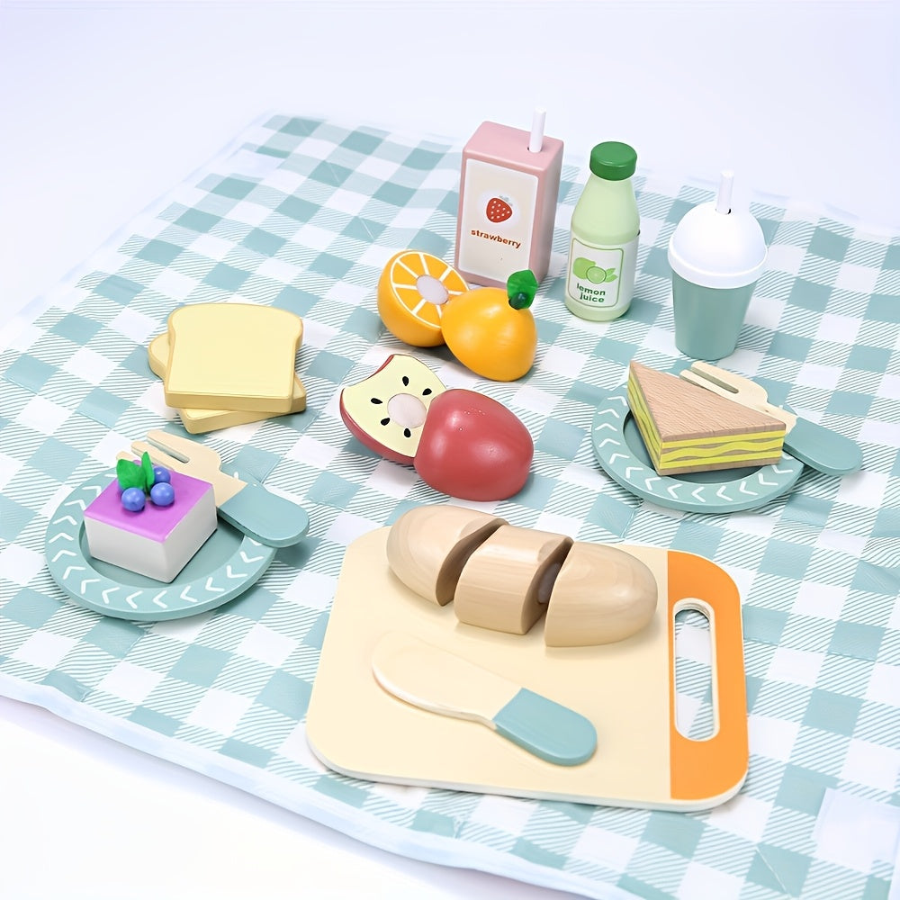 Wooden Pretend Play Kitchen Set with Food & Utensils for Picnics & Cooking Fun