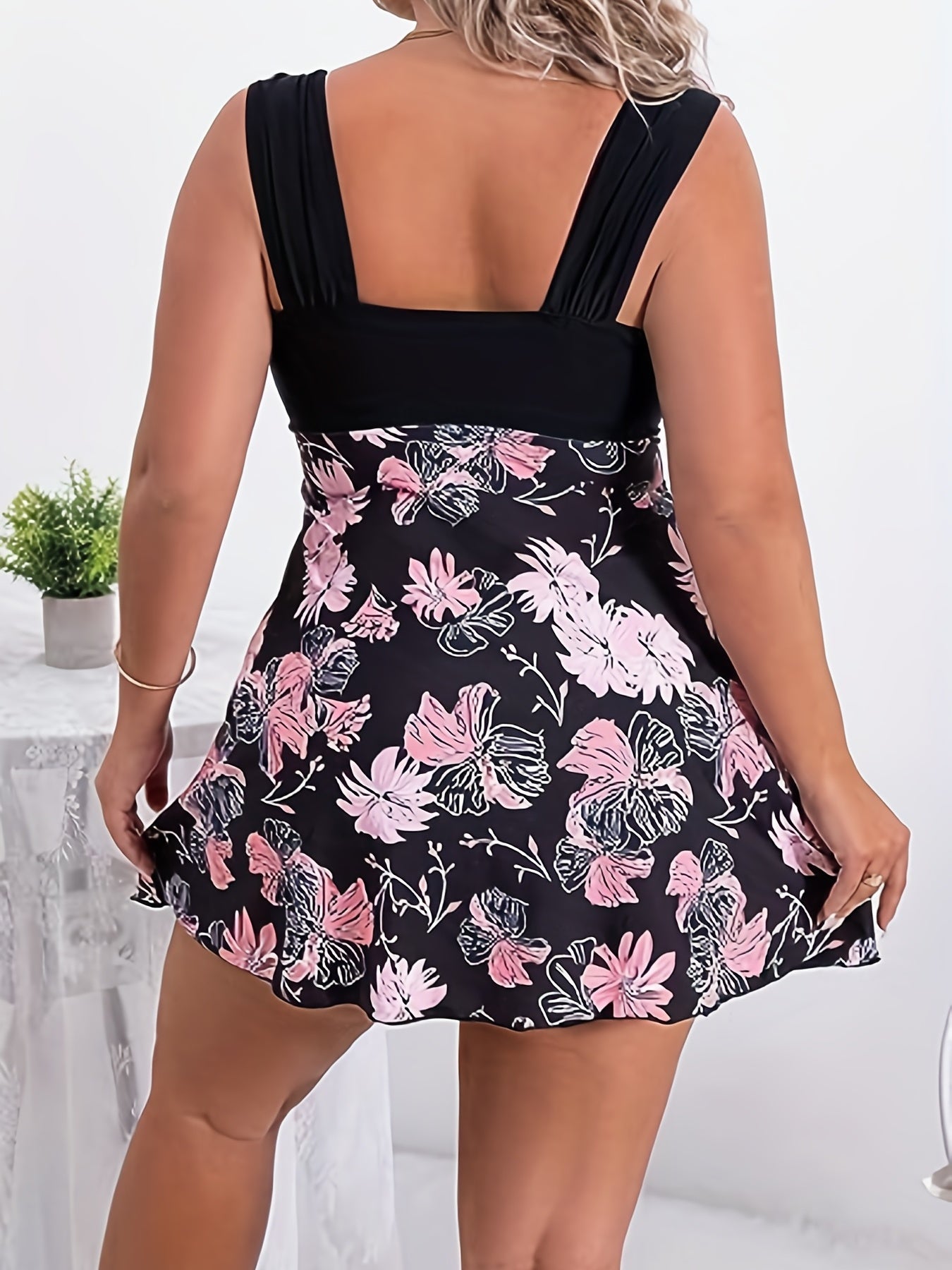  Floral Print Tankini Set with Tie Front Tank Dress & Panty
