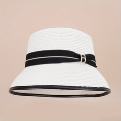 Straw Bucket Hat Strap Decor Classic Sunscreen Basin Hat Women