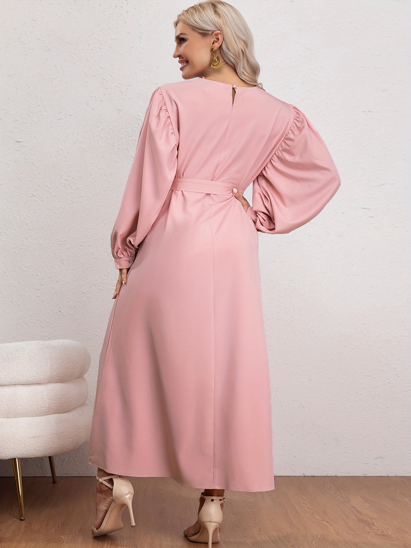 Women's Plus Solid Lantern Sleeve Round Neck Maxi Dress With Belt