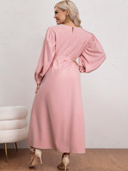 Women's Plus Solid Lantern Sleeve Round Neck Maxi Dress With Belt