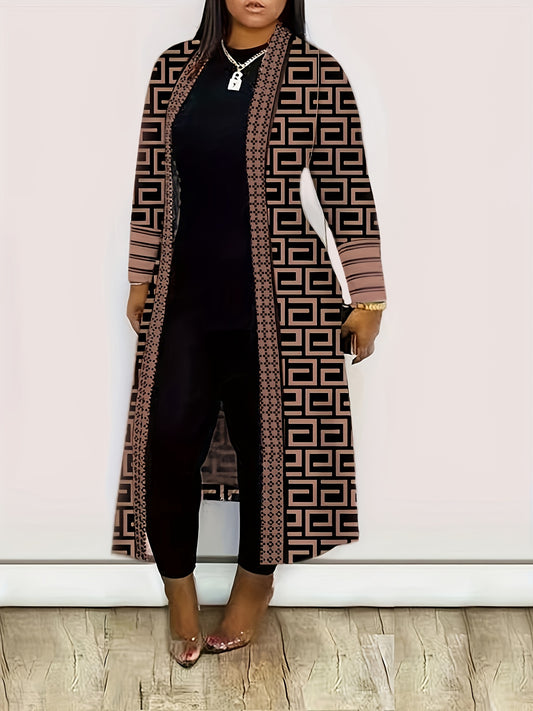  Geometric Print Open Front Cardigan