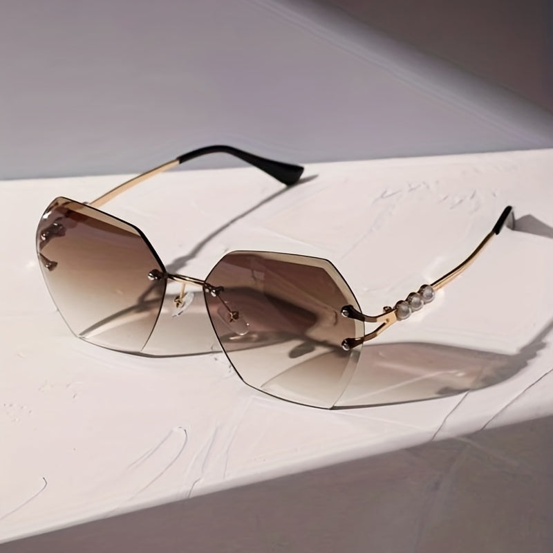 Oversized Rimless Sunglasses Ombre Lens Glasses Faux Pearl Metal Temple UV400