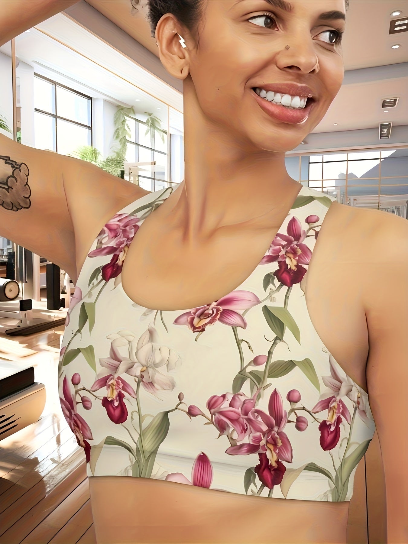  Floral Print Racer Back Yoga Running Bra