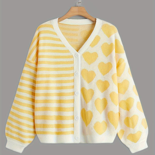  Stripe & Heart Print Button Up Sleeve Cardigan