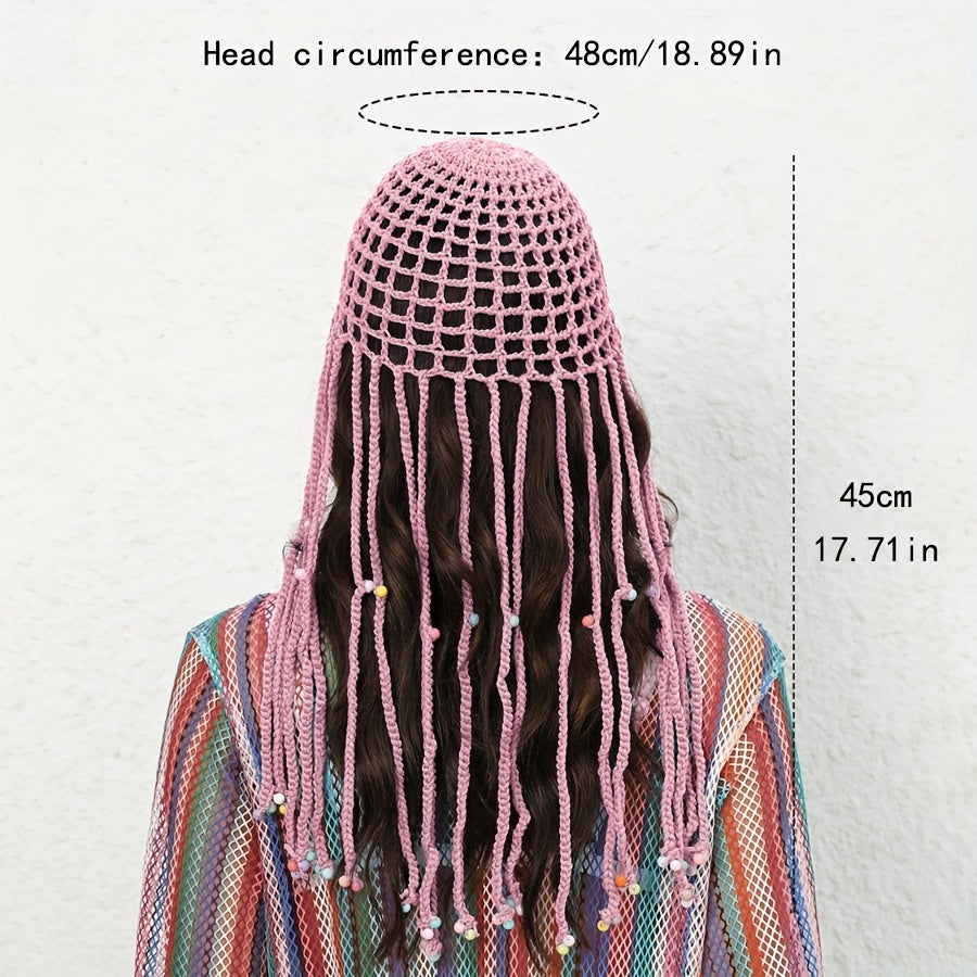 Hollow Woven Crochet Y2K Beanie Cap with Tassel