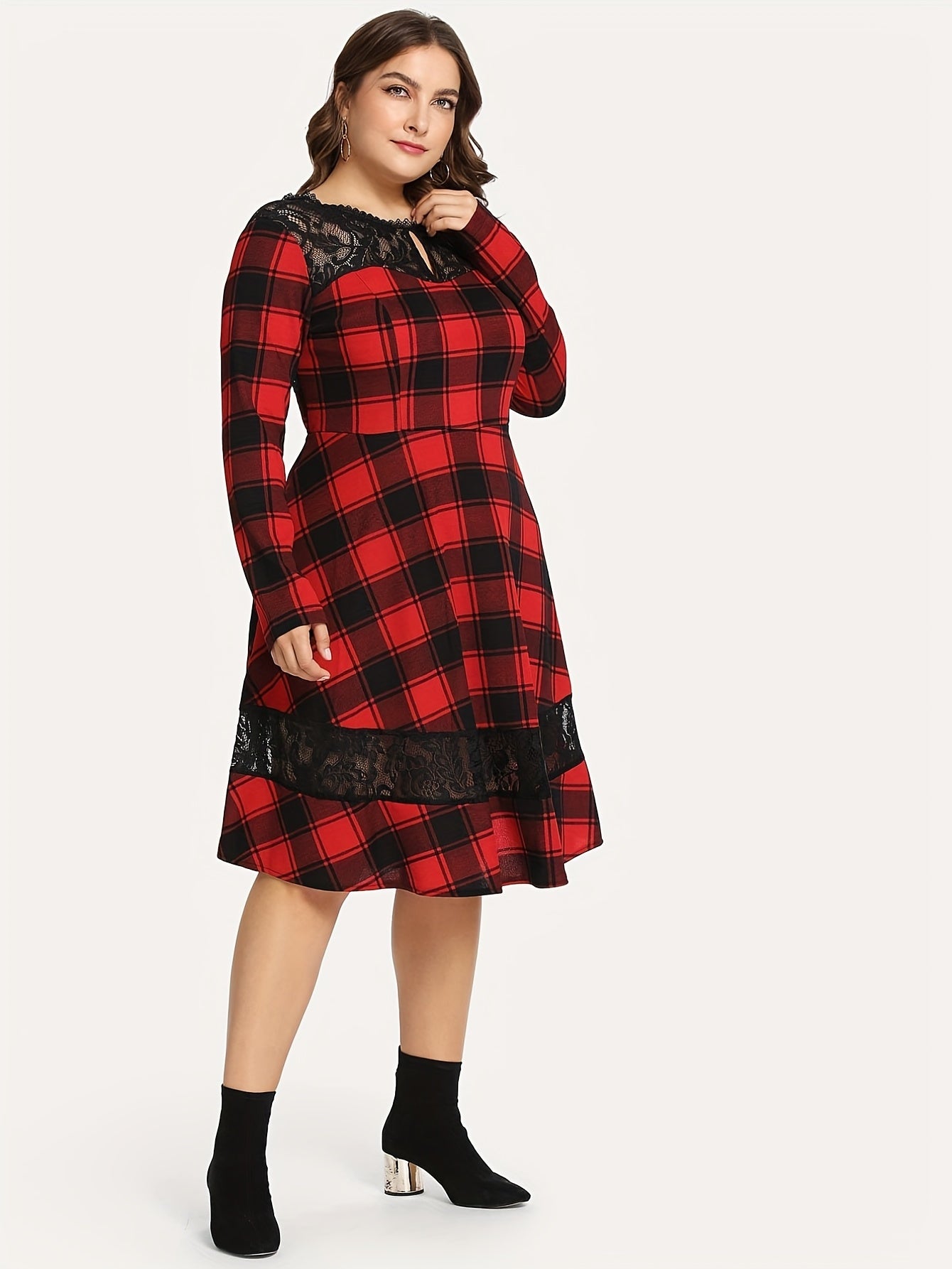  Retro Dress Women's Plus Lace Long Sleeve Round Neck Dress